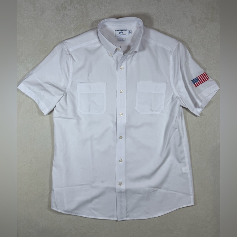 Southern Tide Performance Lightweight USA Flag Patch Nautical White Shirt